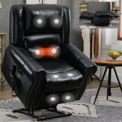 Black massage recliner lift chair with heating highlighted in a living room setting