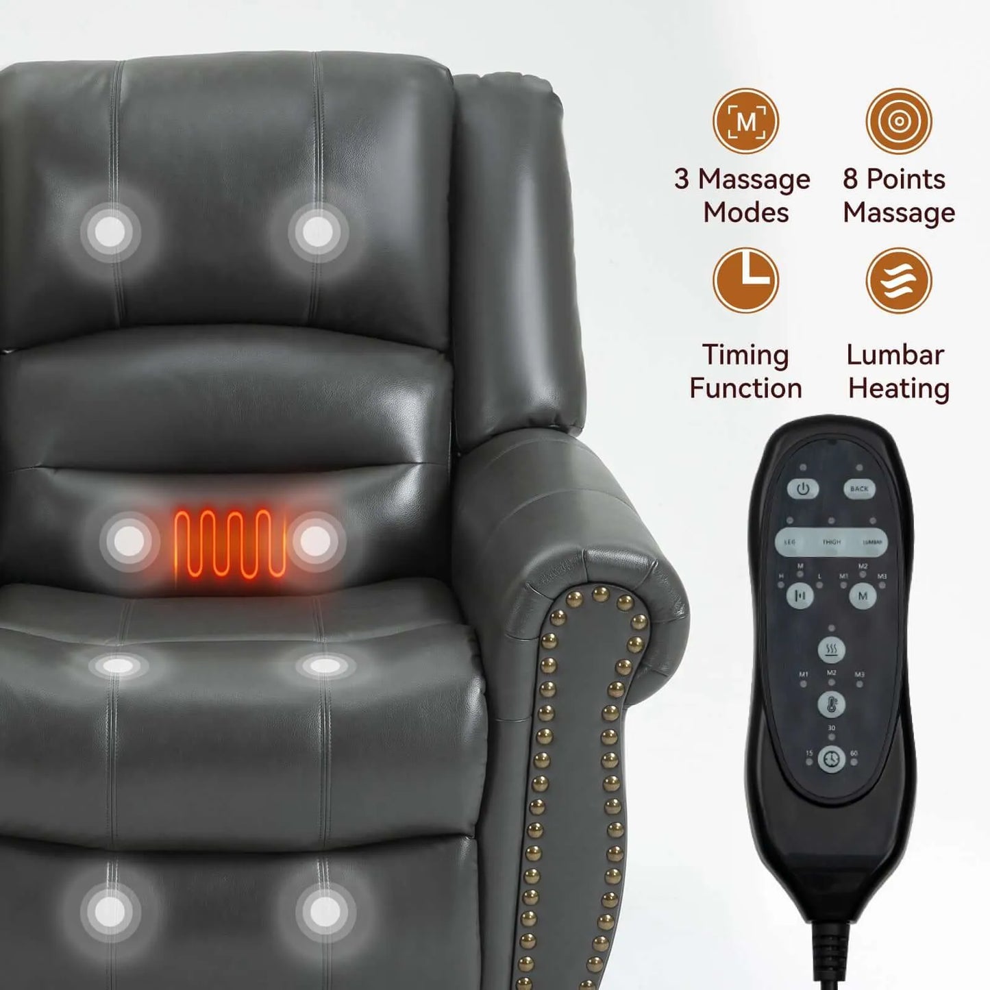 Massage recliner chair with remote control and massage functions displayed.