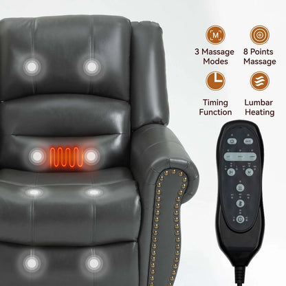 Massage recliner chair with remote control and massage functions displayed.