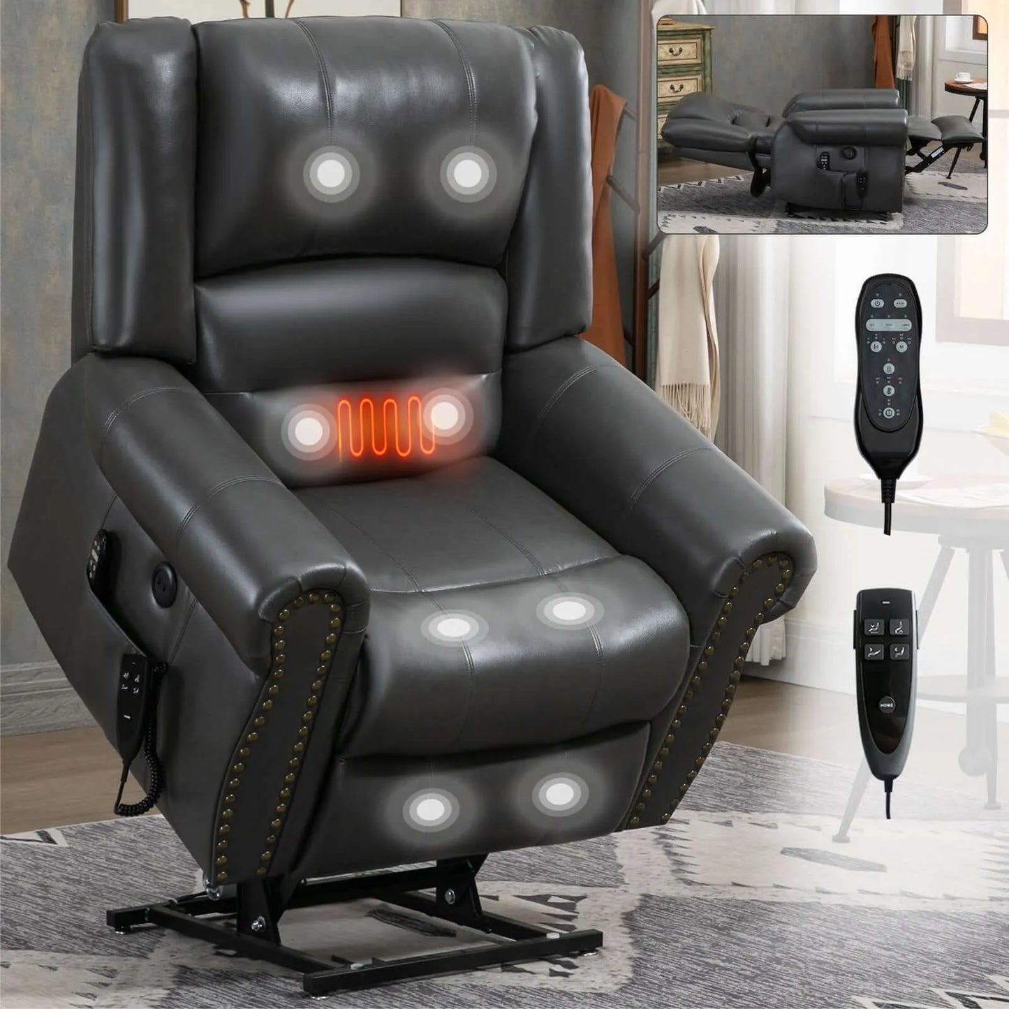Gray massage recliner lift chair with a  remote control on a gray rug.