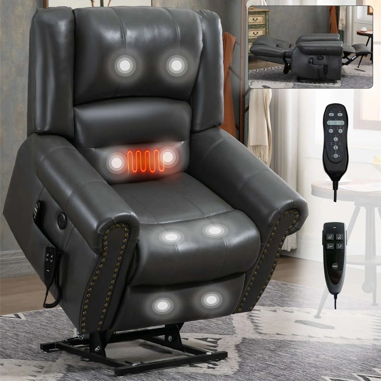 Gray massage recliner lift chair with a  remote control on a gray rug.