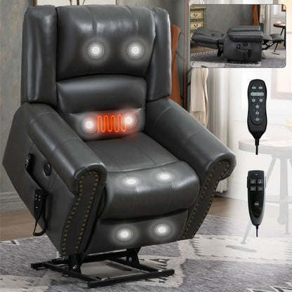 Gray massage recliner lift chair with a  remote control on a gray rug.
