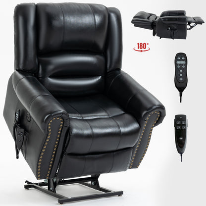 Black leather recliner lift chair with remote controls on a white background