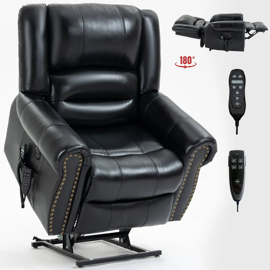 Black leather recliner lift chair with remote controls on a white background