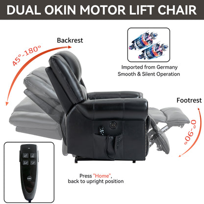 Black Dual Okin Motor Lift Chair with features highlighted on a white background