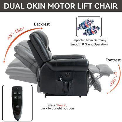 Black Dual Okin Motor Lift Chair with features highlighted on a white background