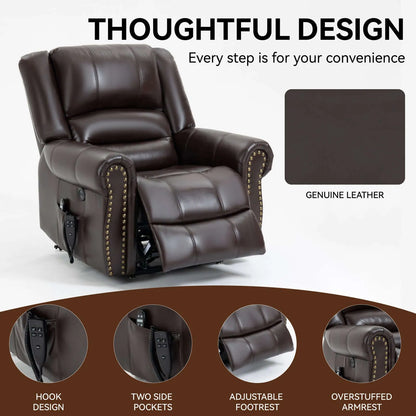 Brown leather recliner chair with features highlighted on a white background