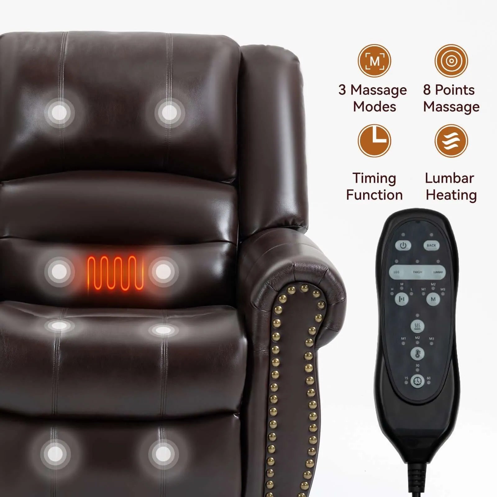 Brown genuine leather recliner chair with massage functions and remote control on a white background