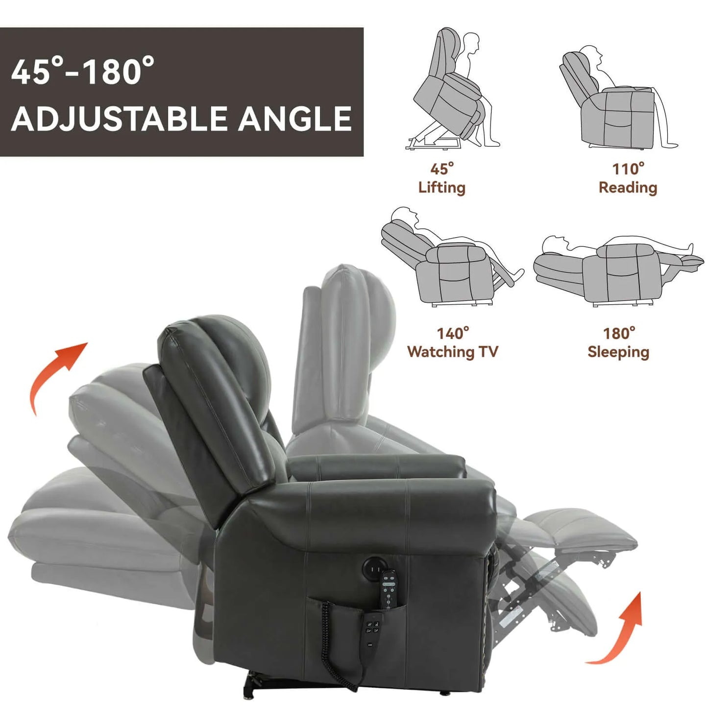 Gray recliner chair with adjustable angle features on a white background