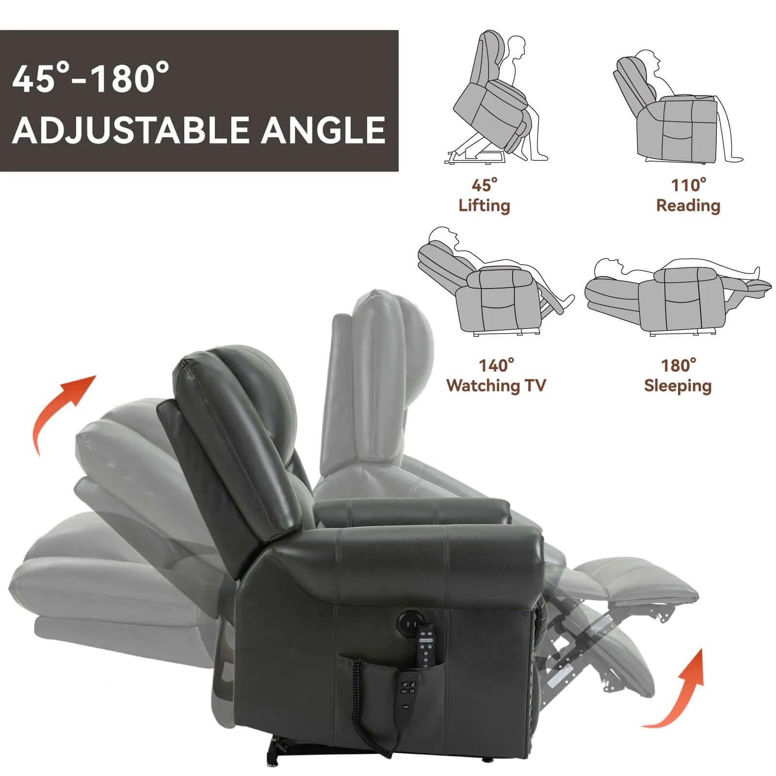 Gray recliner chair with adjustable angle features on a white background