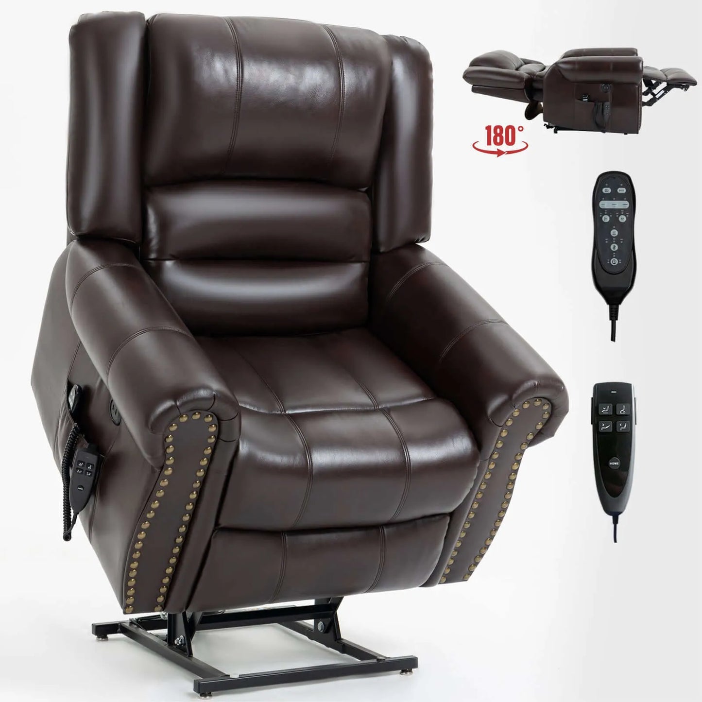 Brown leather recliner chair with remote controls on a white background