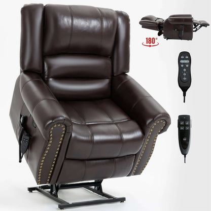 Brown leather recliner chair with remote controls on a white background