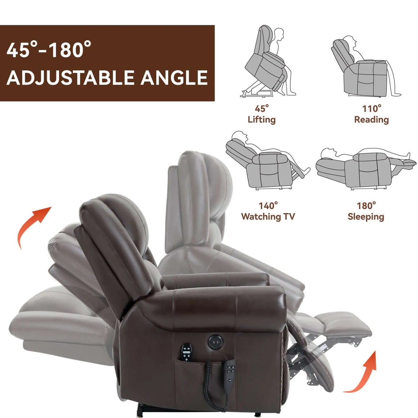Brown recliner lift chair with adjustable angle features on a white background