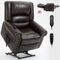 Brown leather recliner lift chair with remote controls on a white background