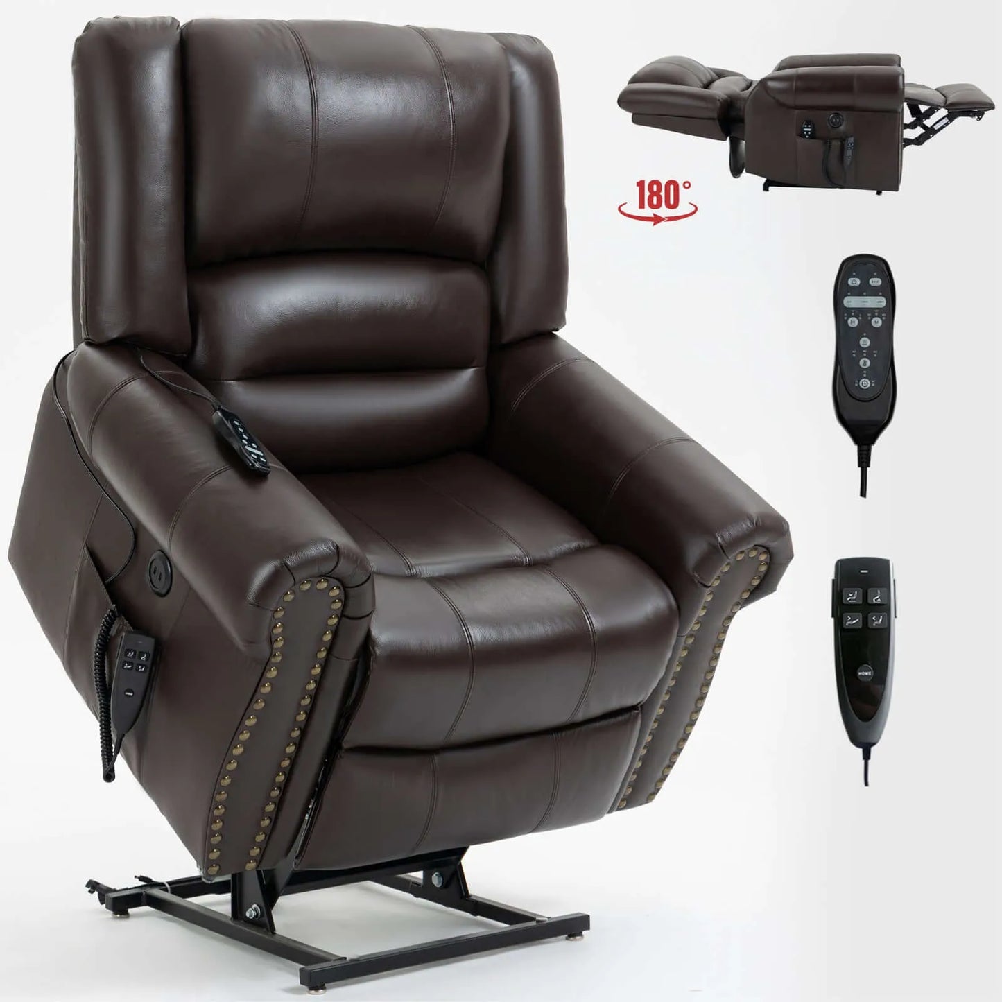 Brown leather recliner lift chair with remote controls on a white background