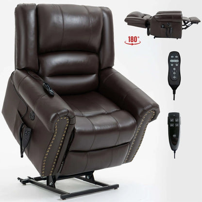 Brown leather recliner lift chair with remote controls on a white background