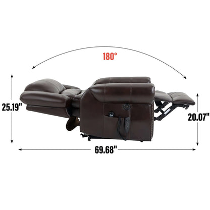 Brown recliner chair fully reclined with dimensions labeled on a white background