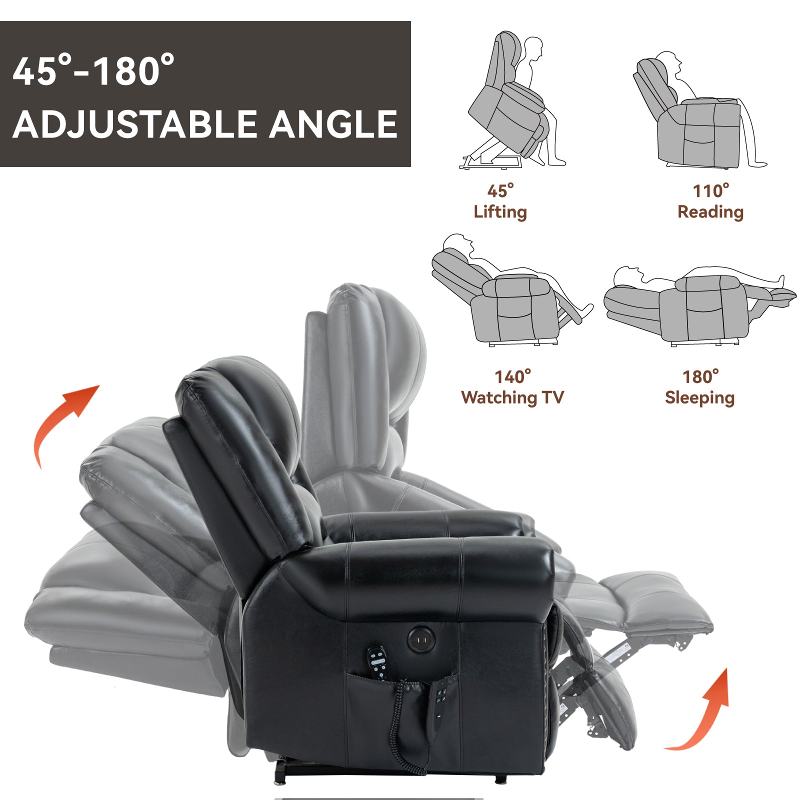Black genuine leather recliner lift chair with adjustable angle features and icons on a white background
