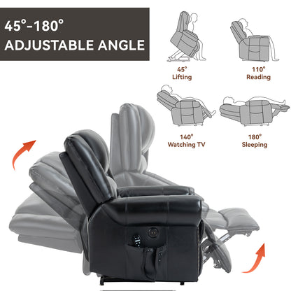 Black genuine leather recliner lift chair with adjustable angle features and icons on a white background
