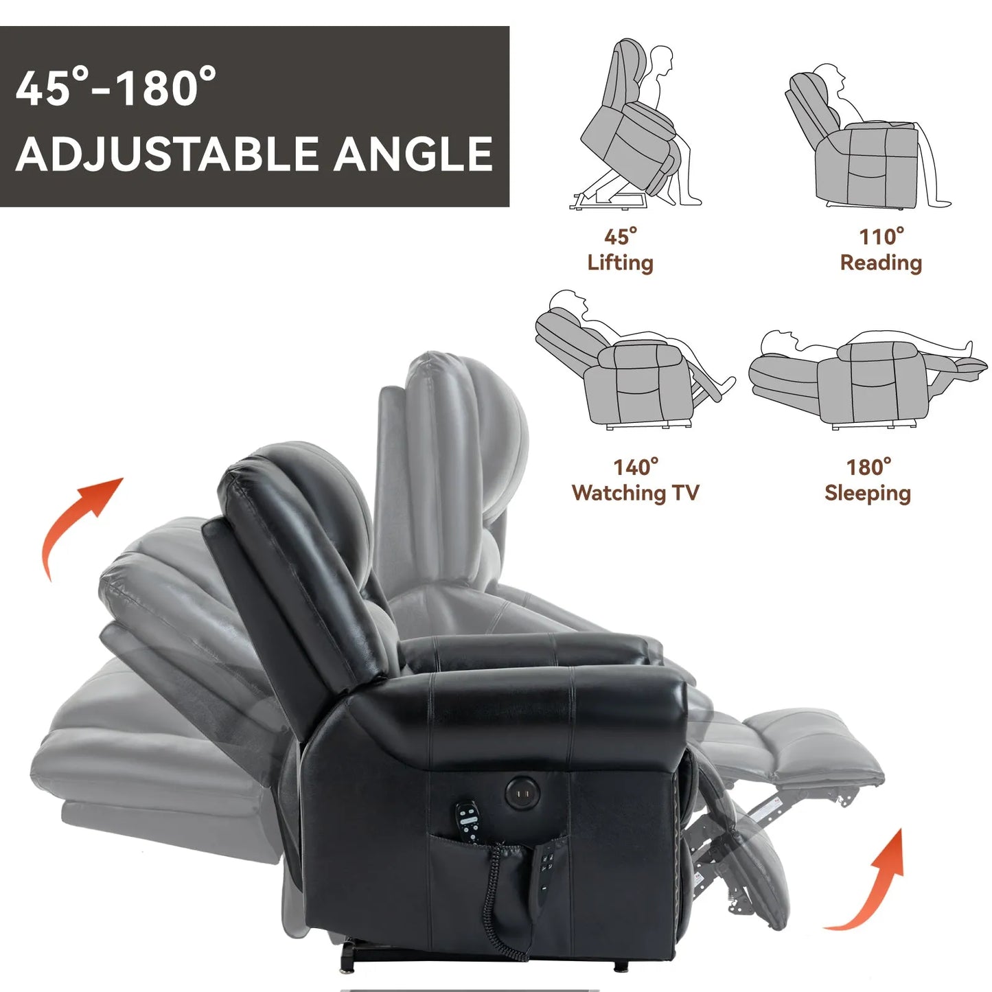 Black genuine leather recliner lift chair with adjustable angle features and icons on a white background