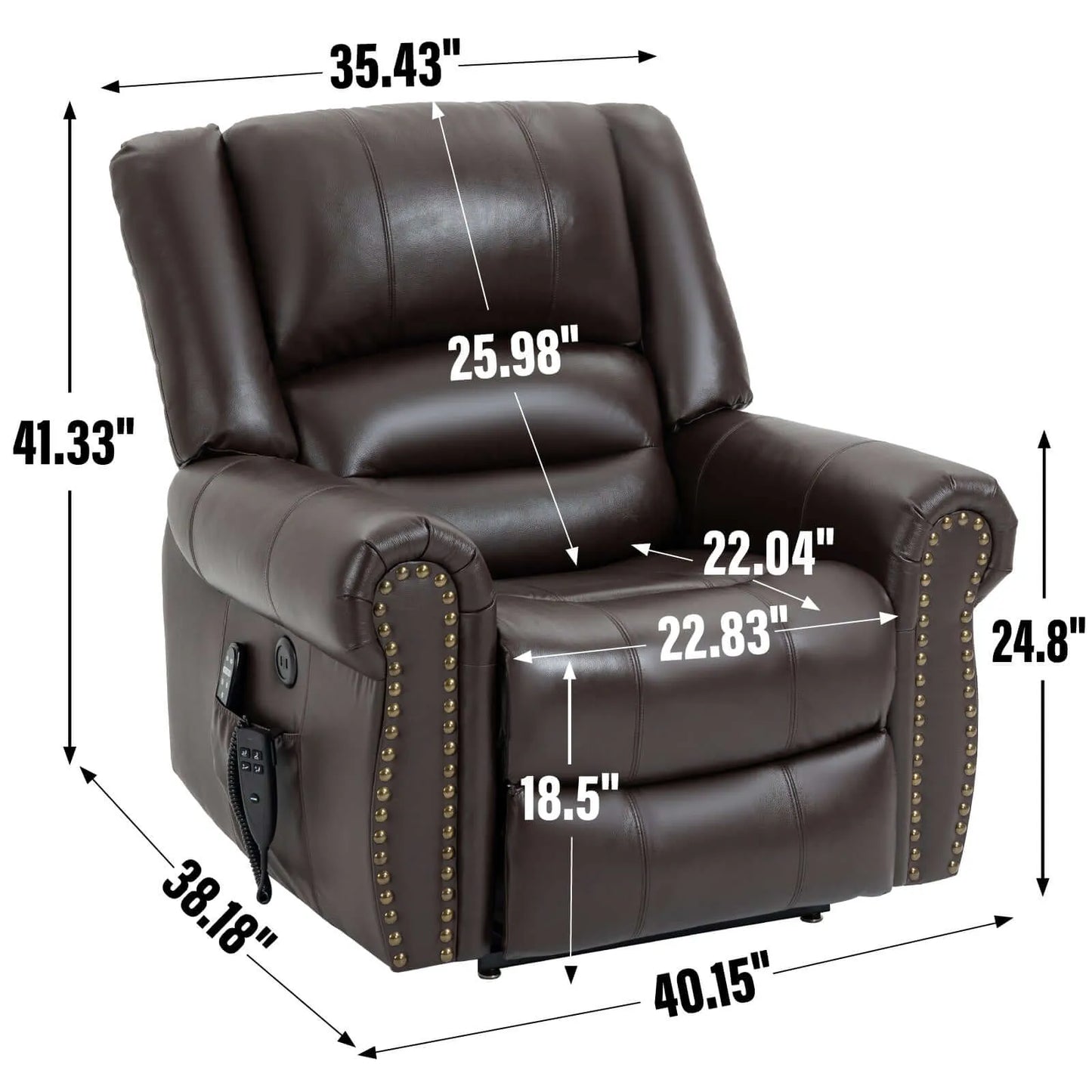 Brown leather recliner chair with dimensions labeled on a white background