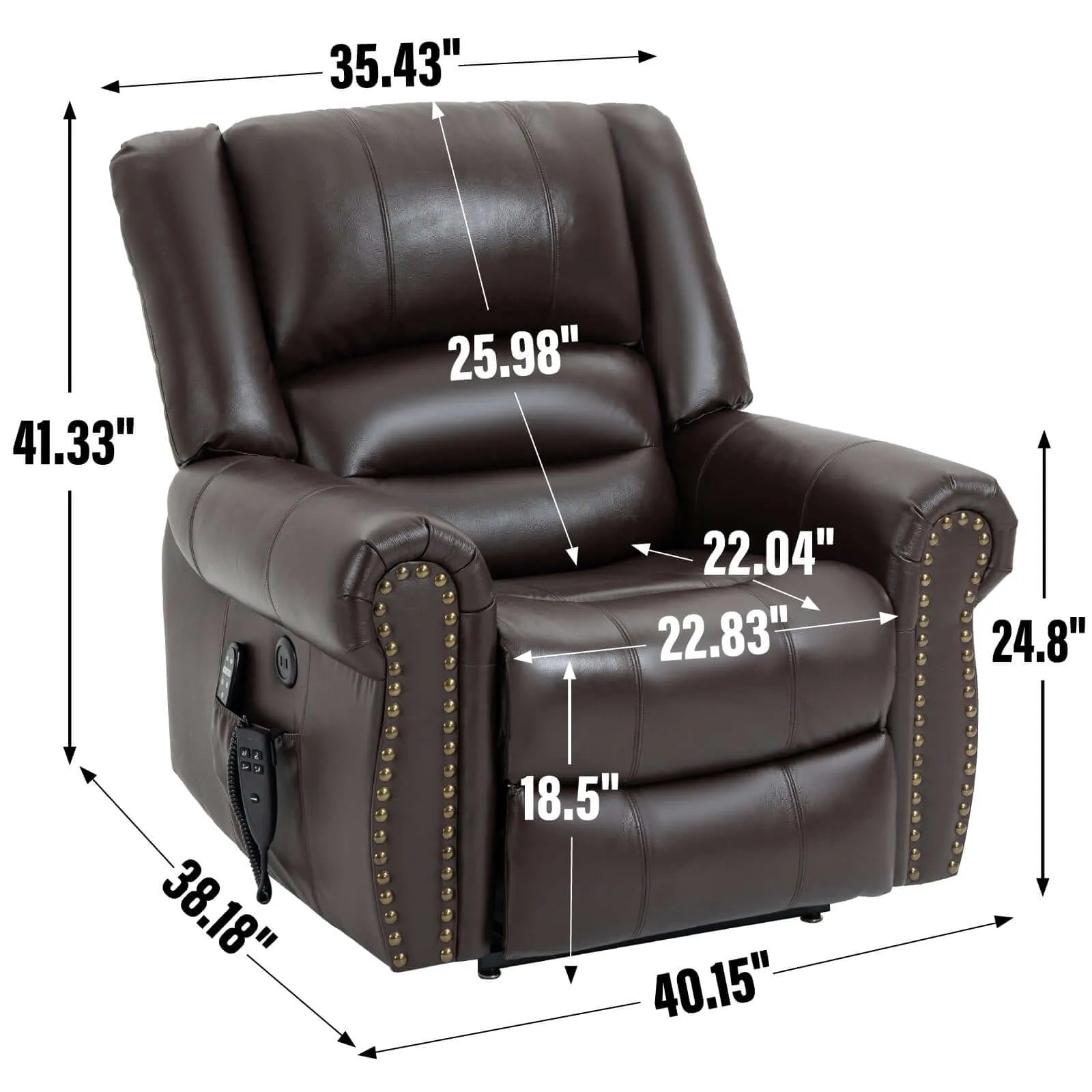 Brown leather recliner chair with dimensions labeled on a white background