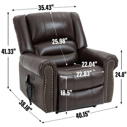 Brown leather recliner chair with dimensions labeled on a white background