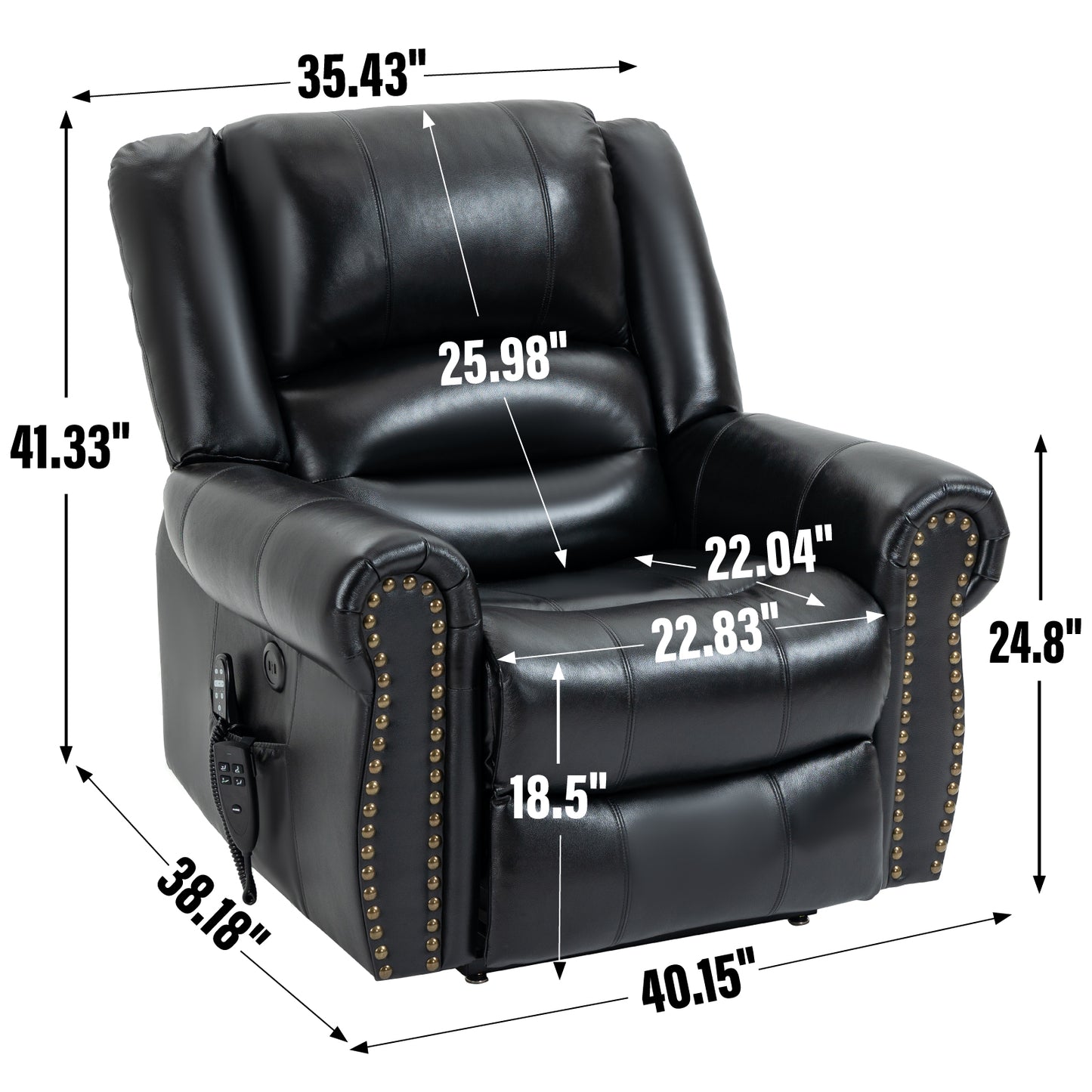 Black recliner chair with measurements on a white background