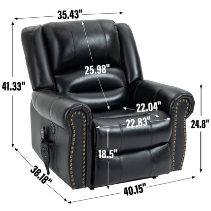 Black recliner chair with measurements on a white background