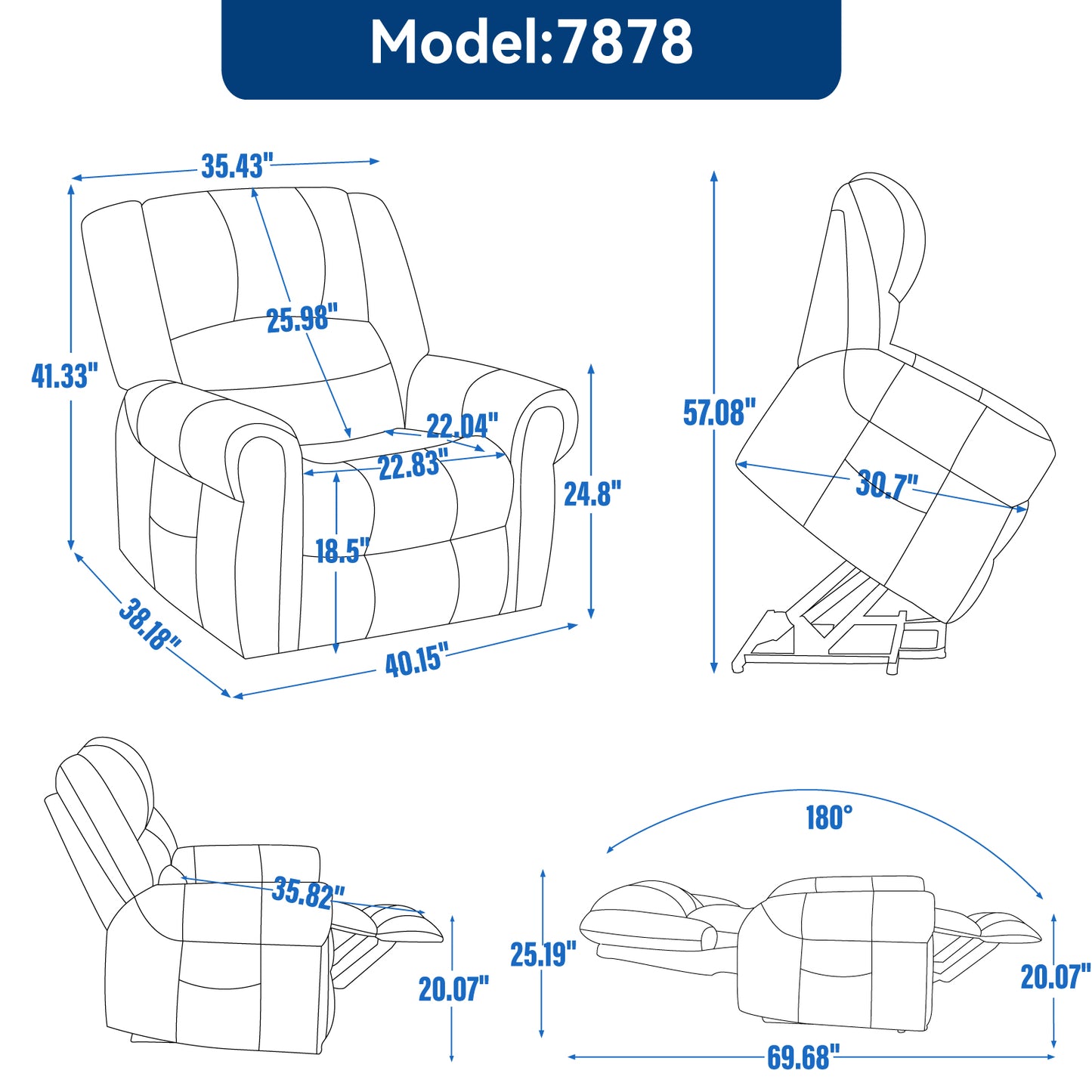 Line drawing of a recliner chair with detailed dimensions and angles on a white background