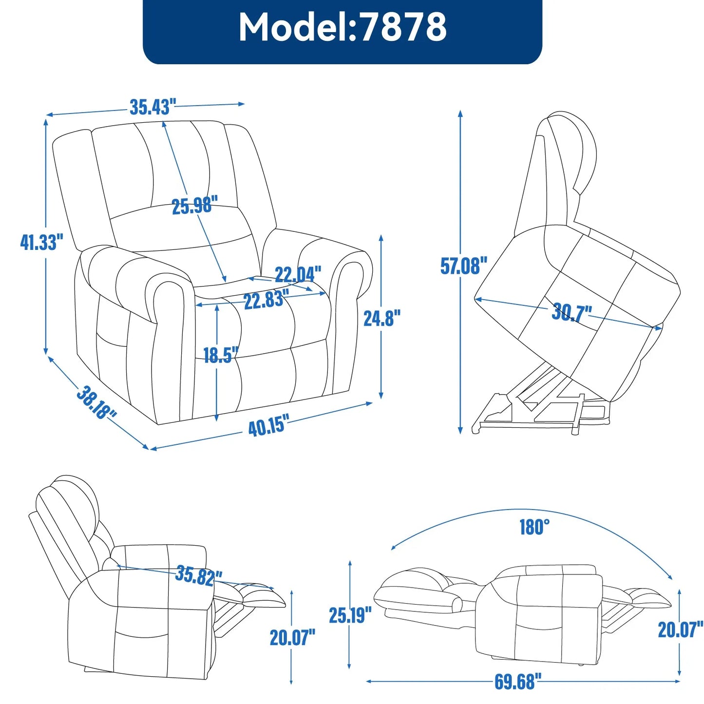 Line drawing of a recliner chair with detailed dimensions and angles on a white background