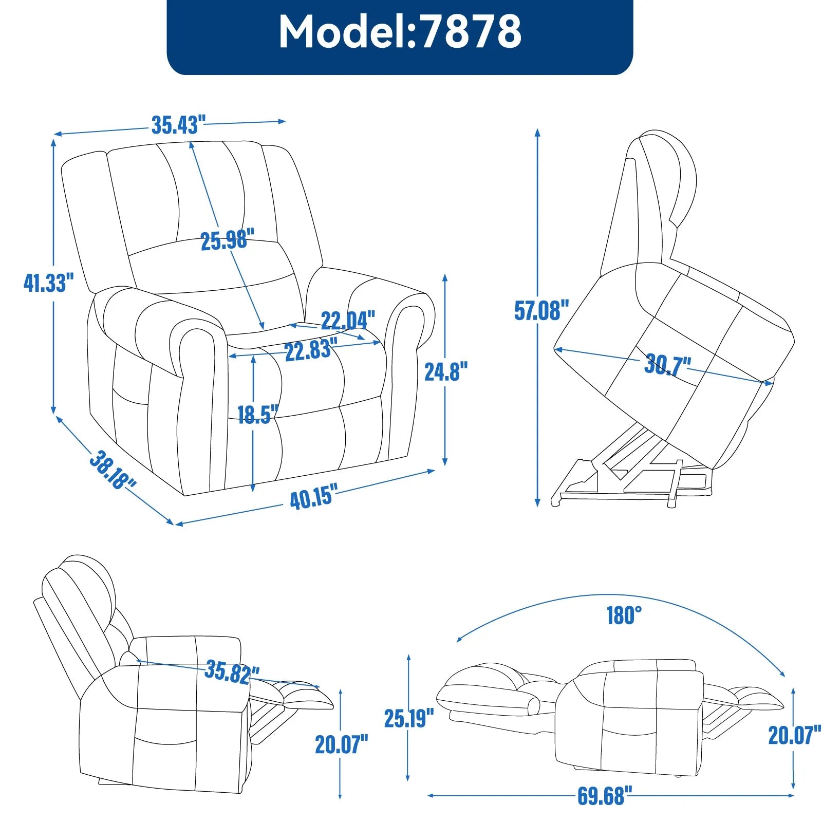 Line drawing of a recliner chair with detailed dimensions and angles on a white background