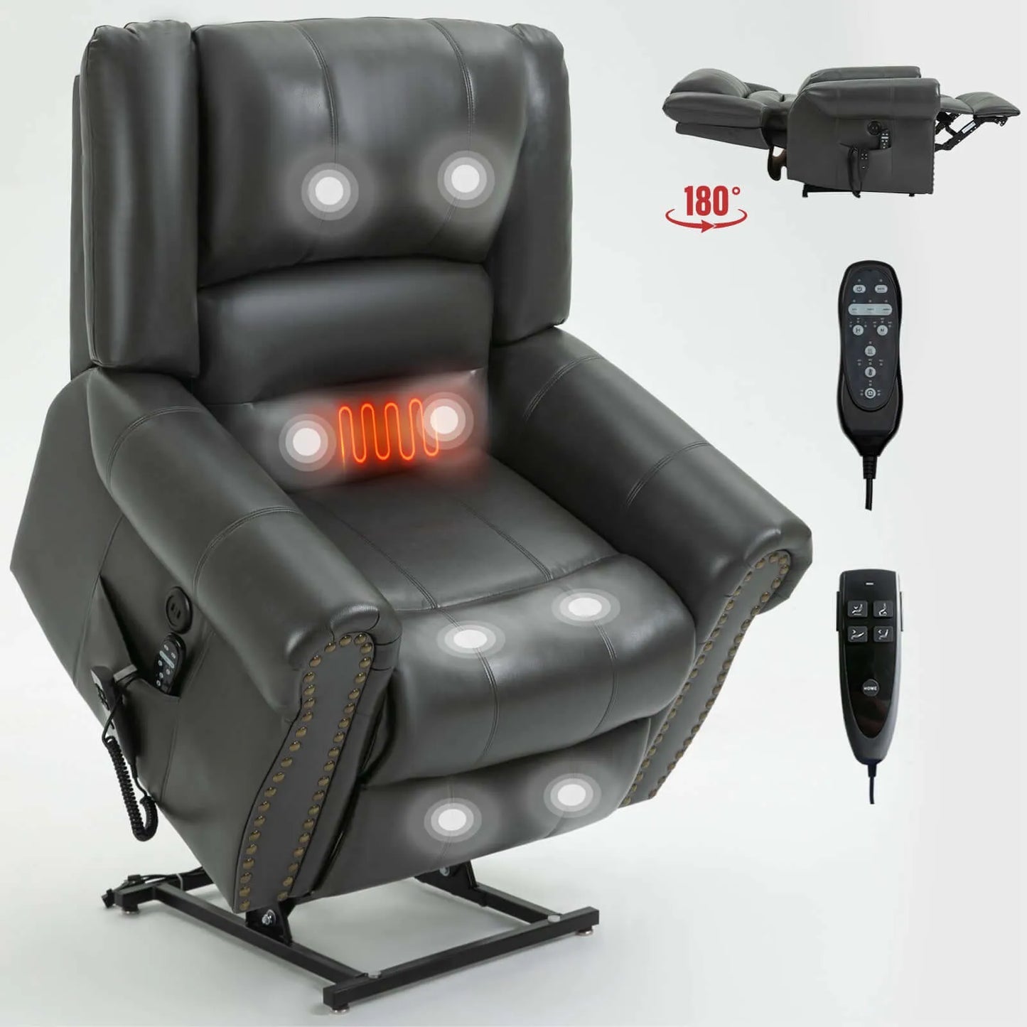 Black genuine leather massage recliner lift chair with remote controls on a white background