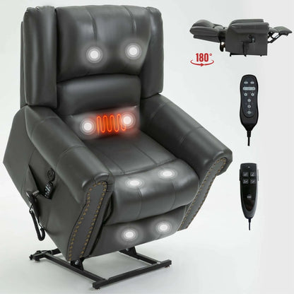 Black genuine leather massage recliner lift chair with remote controls on a white background