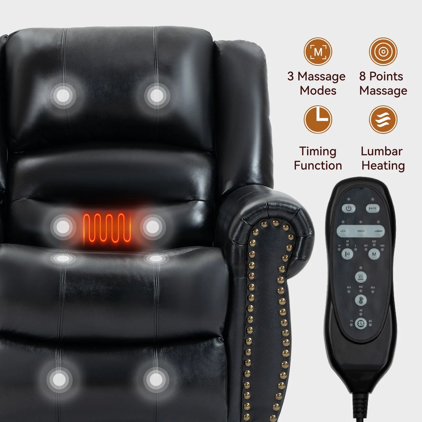 Black massage recliner chair with control panel on a white background