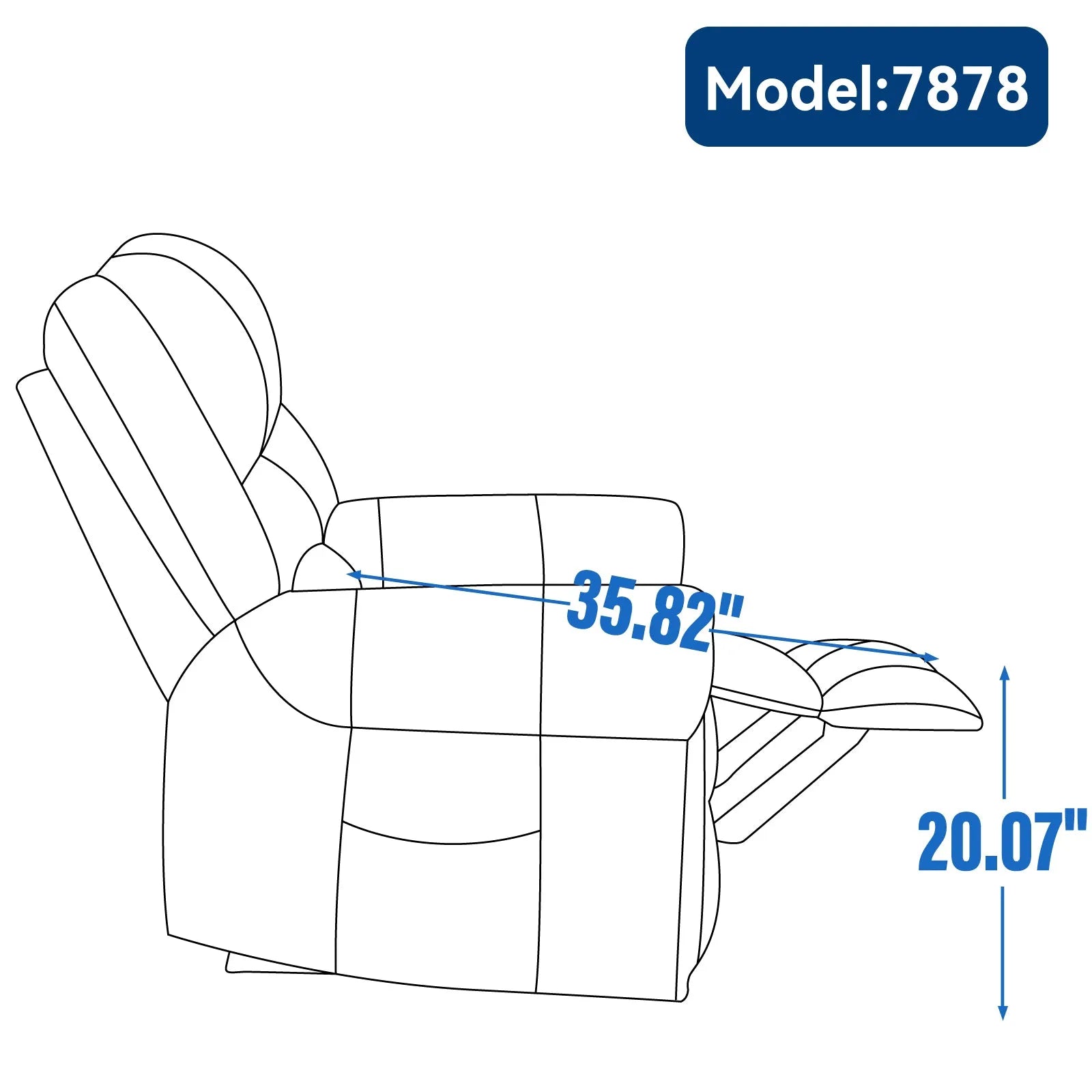 Diagram of a recliner chair with footrest extended and dimensions labeled, model number 7878.
