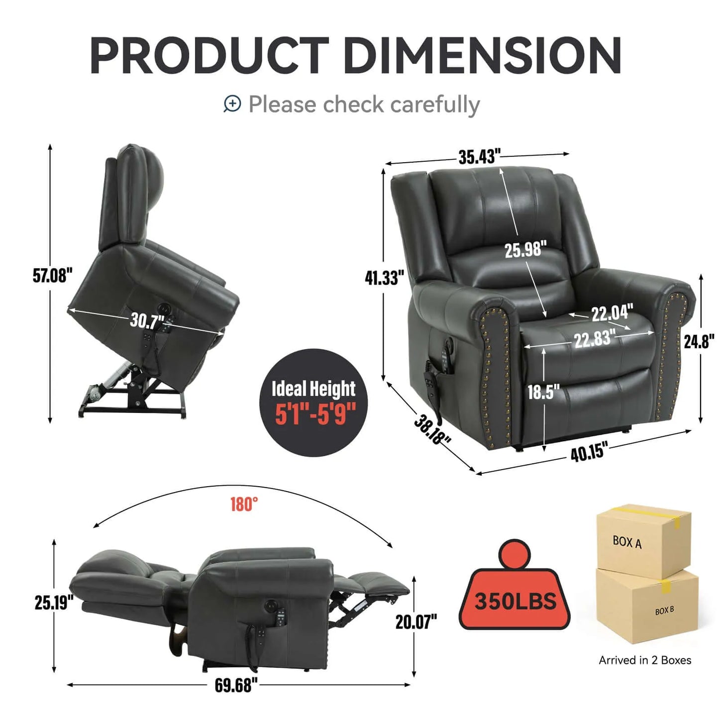 Dimensions of a gray genuine leather recliner lift chair with measurements and product details.
