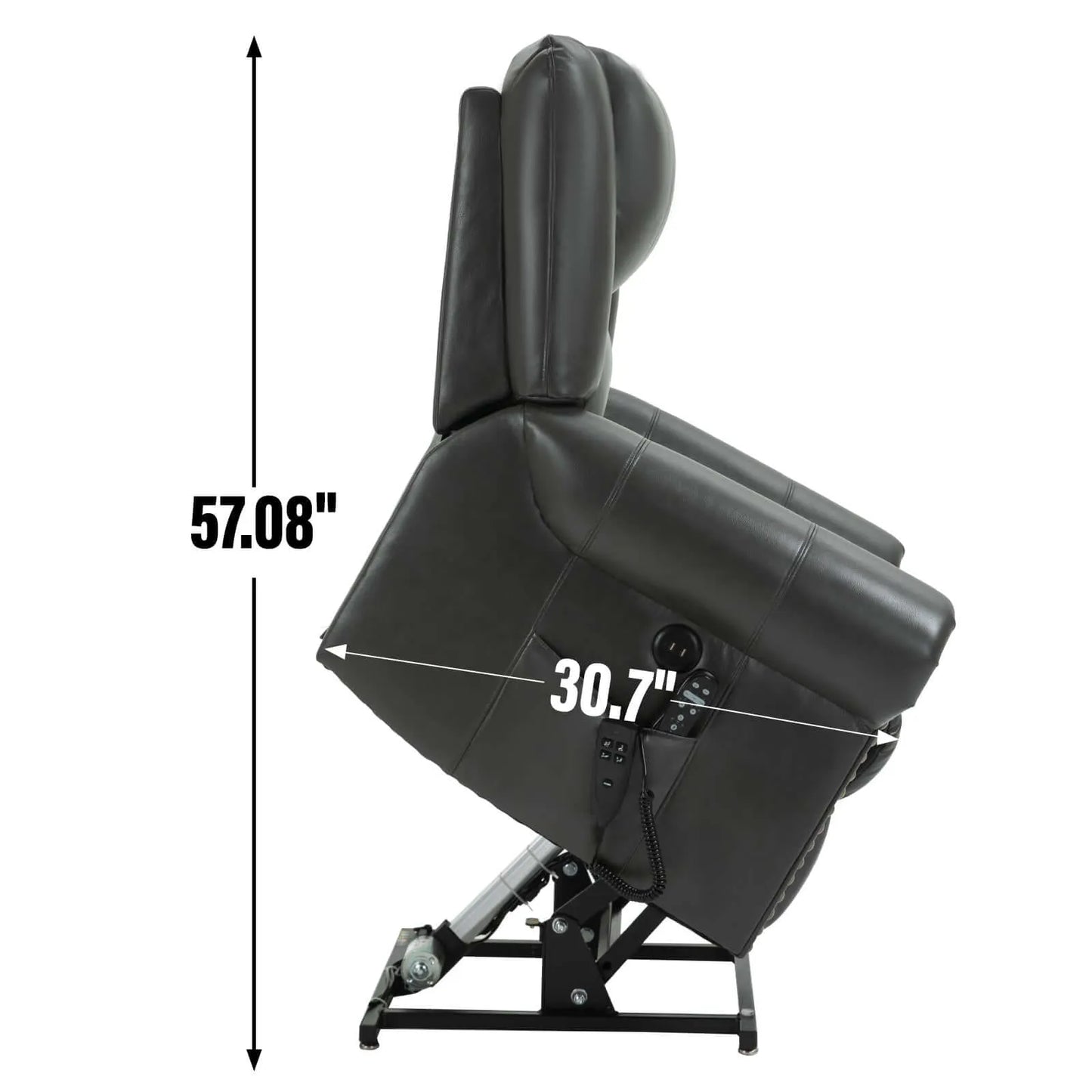 Side view of a gray recliner lift chair with measurements on a white background