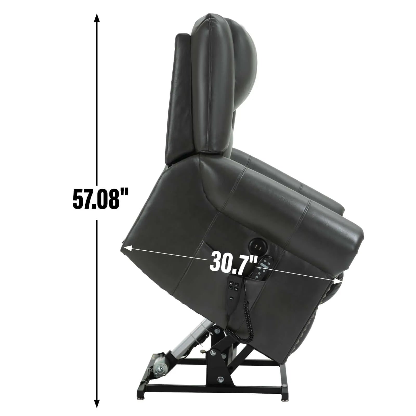 Side view of a gray recliner lift chair with measurements on a white background