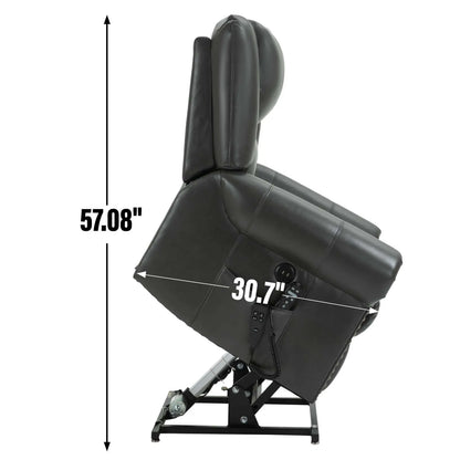 Side view of a gray recliner lift chair with measurements on a white background