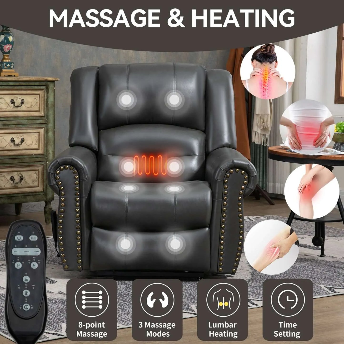Massage and heating recliner chair with remote control in a living room setting