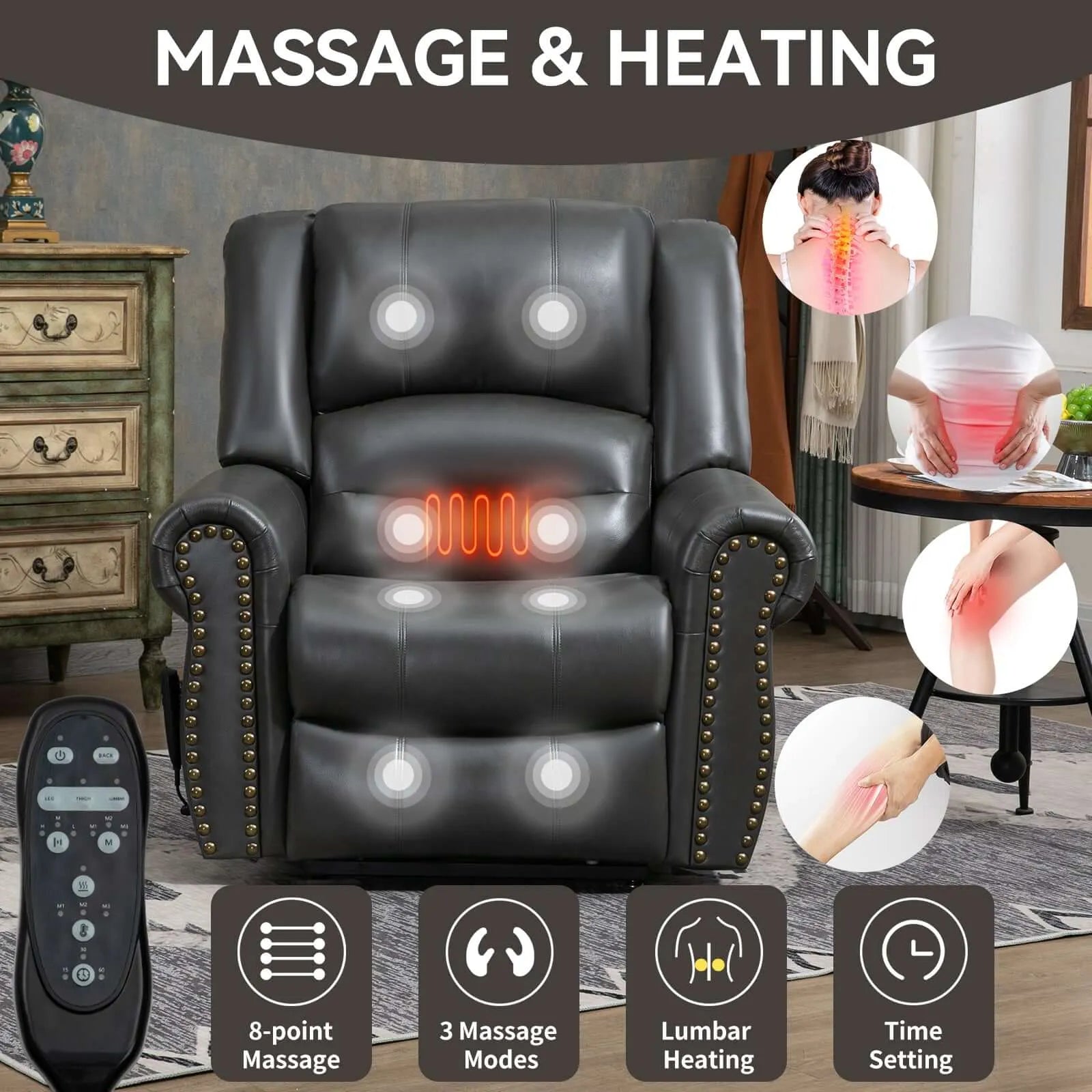 Massage and heating recliner chair with remote control in a living room setting