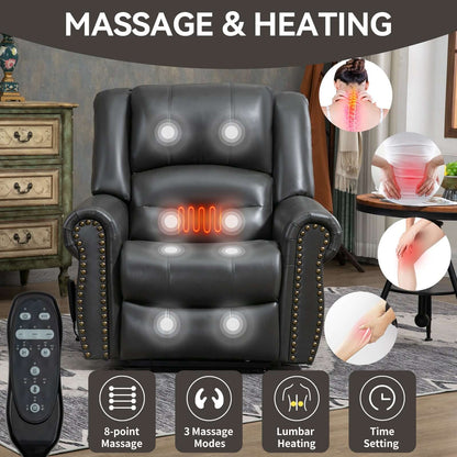 Power Lift Recliner Chair Heat Massage Dual Motor Infinite Position Up to 350 LBS, Genuine Leather, Heavy Duty Motion Mechanism with USB Ports, Black