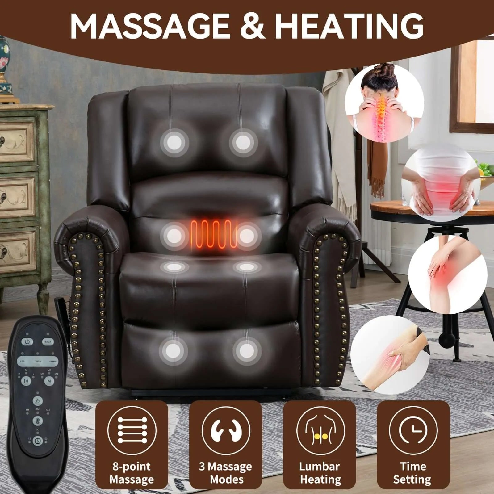 Massage and heating recliner lift chair with remote control in a living room setting.