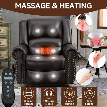 Massage and heating recliner lift chair with remote control in a living room setting.