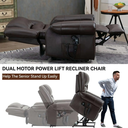 Brown dual motor power lift recliner chair with reclined position and person using it.