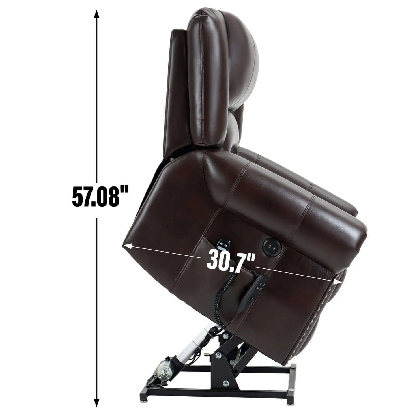 Side view of a brown recliner lift chair with dimensions indicated in inches on a white background