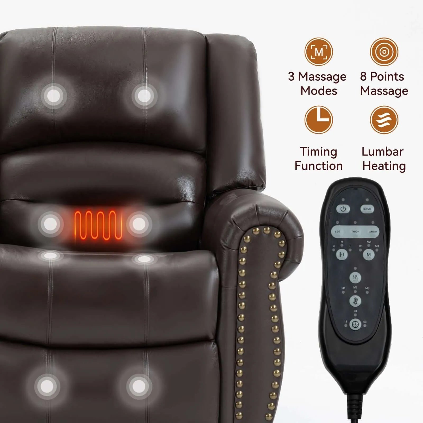 Brown genuine leather lift recliner chair with massage functions and remote control displayed.