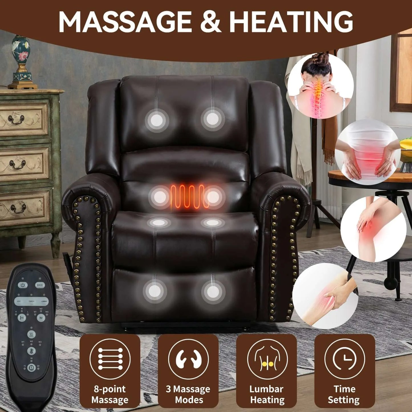 Brown genuine leather massage and heating recliner lift chair with remote control, features highlighted on a living room background.