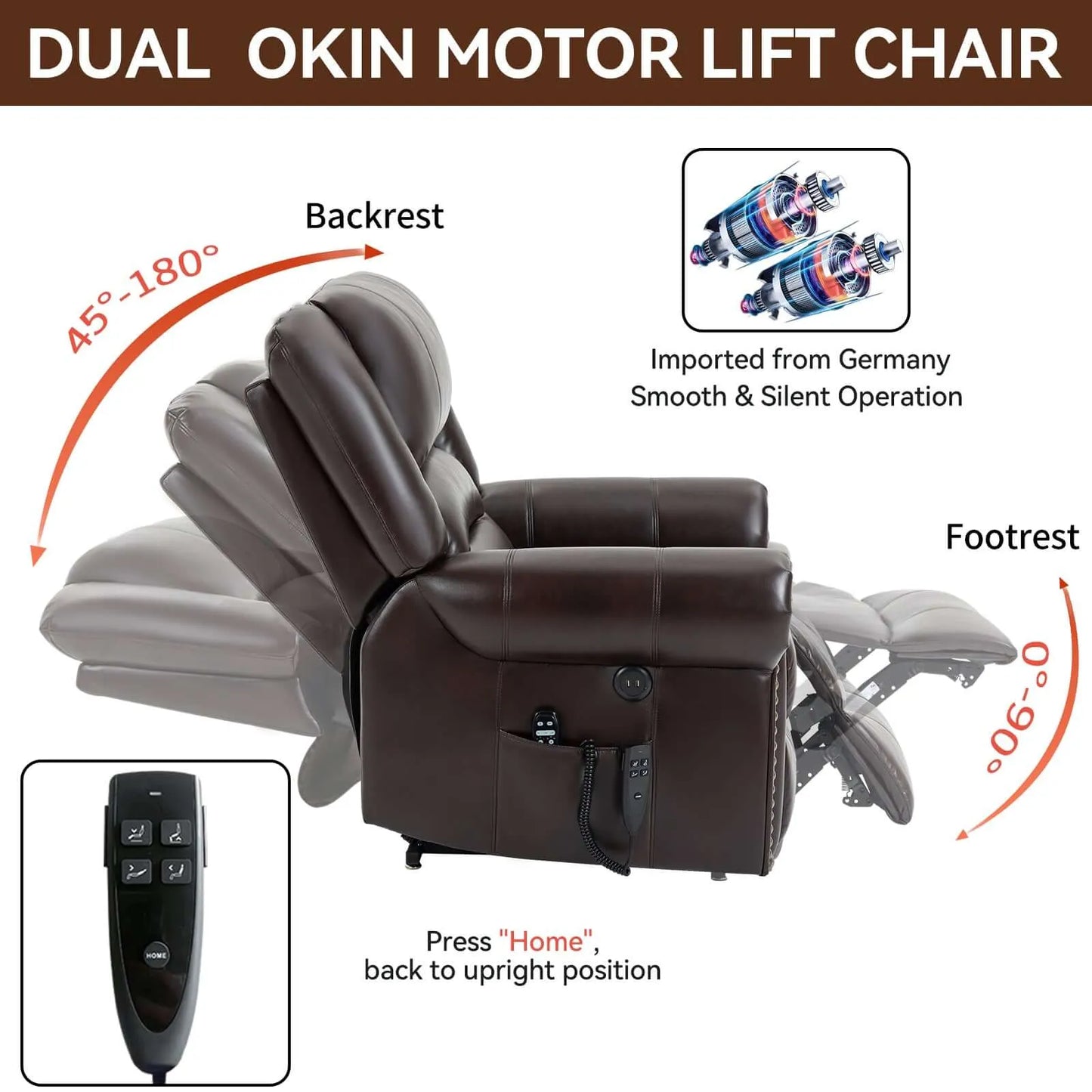 Brown Dual Okin Motor Lift Chair with features highlighted on a white background